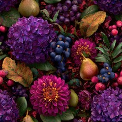 seamless texture detailed and colorful arrangement of hydrangeas, dahlias, assorted fruits creates stunning ideal for backgrounds in wedding themes generative ai