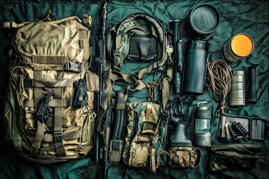 Tactical gear and outdoor survival equipment flat lay - Powered by Adobe