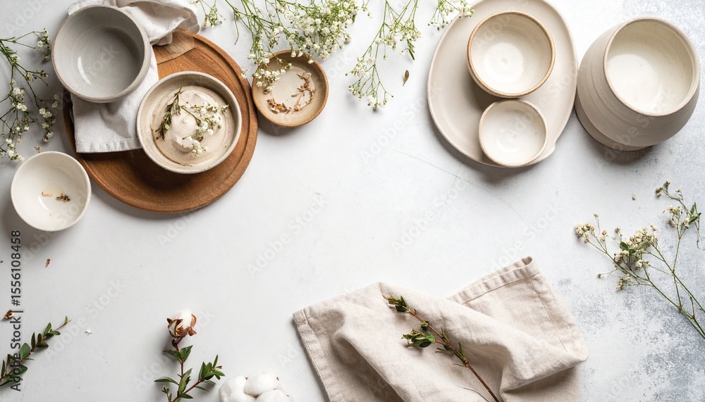 Poster inviting table display featuring plates and bowls on a concrete base with neutral color palette
