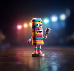 Colorful candy character singing on stage with microphone,  Funny kids show concept.