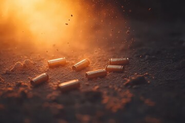 Spent bullet casings on dusty ground with dramatic light.