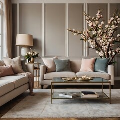 Sofa and Coffee Table with Magnolia Flowers in Cozy Living Room Interior

