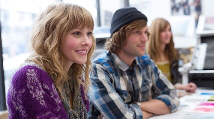 Collaborative Designers Creating Letterpress Art in Bright Studio Workspace