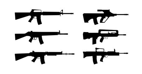 Assault rifle Silhouette Icons set Vector illustration isolated on white background Weapons set