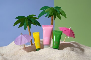 Obraz premium Colorful Shea Butter Tubes and Jar Arranged as Tropical Island with Miniature Palm Trees and Umbrellas on Sandy Beach