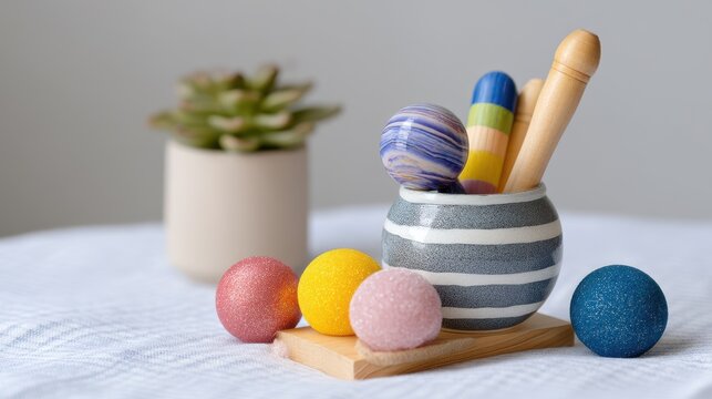 Colorful Stress Balls and Wooden Sensory Tools Arranged on Wooden Therapy Table with Succulent Plant