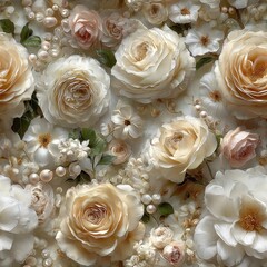 seamless texture exquisite showcasing array of dreamy wedding elements including roses, delicate flowers, and pearls. ideal for creating stylish backgrounds generative ai