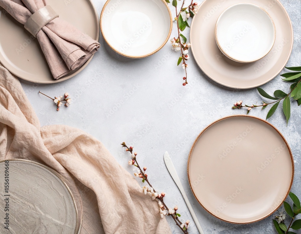 Poster elegant table setting featuring plates and napkins on soft textiles with handcrafted style