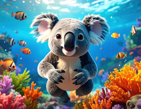 Lively koala swimming joyfully in a colorful underwater reef full of marine life and coral
