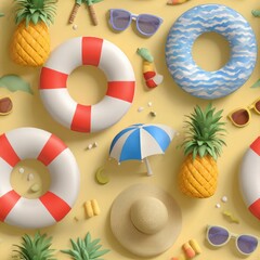 vibrant promotional banner showcases assortment of summer beach accessories like inflatable toys, swimming rings, and sun hats generative ai