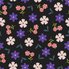 Night garden flowers seamless pattern. Dark floral vector surface design of bright pink blue flowers