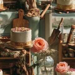 seamless finished cake showcases elegant decor with rose and pink petals on top, accompanied by pistachios in charming vintage kitchen bathed soft natural light generative ai