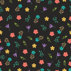 Night garden flowers bloom seamless pattern. Dark floral vector surface design of bright pink blue flowers