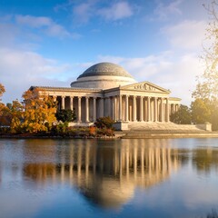 Majestic museum surrounded by serene lakeside with dramatic architectural features displayed
