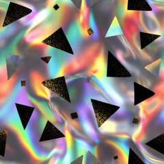 seamless captivating design showcases flat metallic colors with holographic effects. black geometric shapes intersperse through texture, ideal for modern backgrounds generative ai