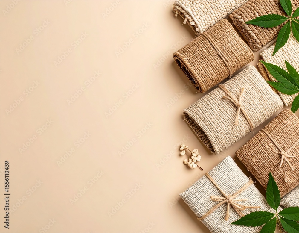 Poster bunch of wrapped presents displayed on a table surrounded by hemp rugs in natural setting