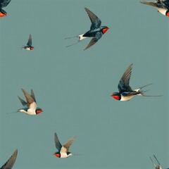 seamless swallow pattern wallpaper features elegant birds in flight against minimalist blue backdrop. perfect for modern spaces, adding tranquil touch to any interior generative ai