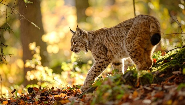 Bobcat walking gracefully through dense woods surrounded by vibrant flora in nature