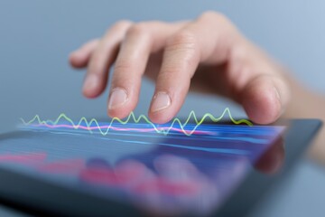 Human Hand Navigates Digital Transaction Graph on Tablet in Professional Tech Setting