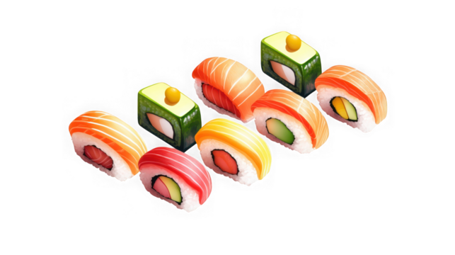 Assortment of delicious sushi rolls and nigiri isolated on transparent background - Powered by Adobe