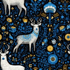 seamless captivating wallpaper print showcases ornately designed deer among vibrant flowers and foliage. the intricate details rich colors make it perfect backdrop for various settings generative ai