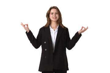 Confident Young Professional Demonstrating Relaxation Techniques isolated on white background