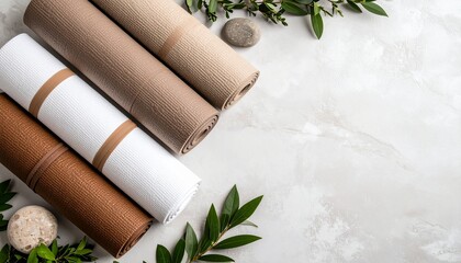 Bunch of soft towels arranged neatly on stone background with earthy hues and softness
