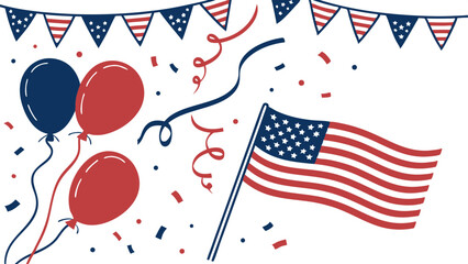 American Flag Balloons Confetti and Bunting on White Background United States flag patriotism