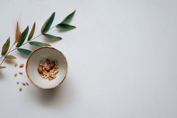 Minimalist Ceramic Bowl with Hazelnuts and Seeds on Textured Surface Enhancing Natural Nourishment