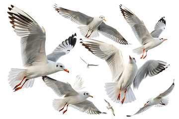 Eight white seagulls with grey wingtips and orange beaks and legs in various flight poses isolated on a transparent background