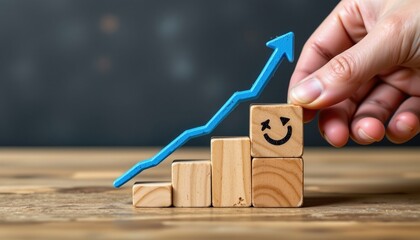 a hand adding wooden blocks to form an upward trending graph