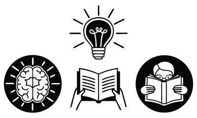 A collection of three simple black and white icons representing knowledge learning and ideas the icons include a brain with radiating lines an open book held by hands and a person reading a book