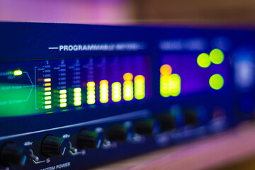 LED VU meter, audio meterbridge. music production, recording concept