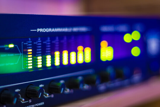LED VU meter, audio meterbridge. music production, recording concept
