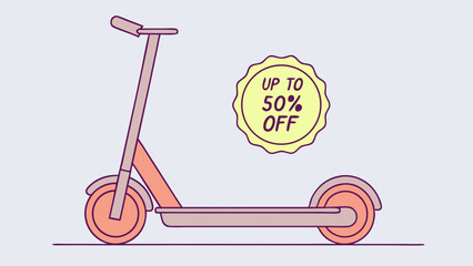 Electric scooter promotion with discount label, vector illustration, transportation and lifestyle theme