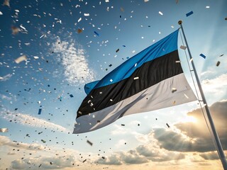 National day celebration February 24, Estonia; Baltic Flag Waving with Confetti