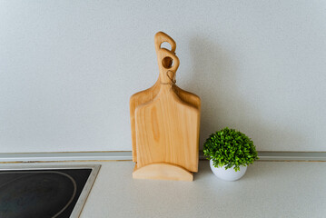 A beautifully crafted wooden cutting board rests elegantly on a counter beside a vibrant potted...
