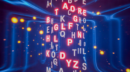 Digital Alphabetical Rain: A vibrant digital display features a mesmerizing array of letters cascading in a dynamic, colorful rain effect, perfect for abstract background or modern design.