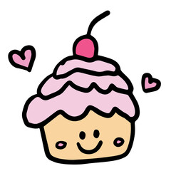 Hand drawn illustration of happy cupcake with cherry for bakery, pastry, food, snack, brunch, afternoon tea, coffee shop, sweet dessert, cute patch, sticker, cuisine, department store, shopping	
