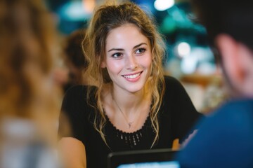Smiling Young Woman Engaged in Casual Business Meeting at Bright Caf?