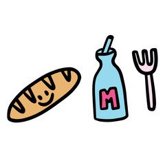 Hand drawn illustrations of bread loaf, milk, fork for food, eating decoration, snack, bakery, pastry, cafe, restaurant, menu, recipe, coffee shop, cook book, cuisine, children, sticker, cartoon