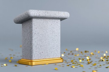 Stone Textured Awards Podium with Gold Base and Confetti Celebrating Achievement