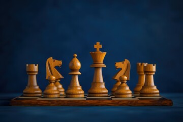Strategic Chessboard with Wooden Pieces Symbolizing Business Planning and Foresight Against Blue Setting