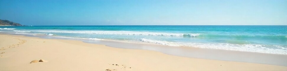 Obraz premium Serene Empty Beach Tranquil Coastal Scene of Fine Sand, Gentle Waves Stretching to the Horizon Under a Clear Sky, Perfect for Relaxation and Contemplation