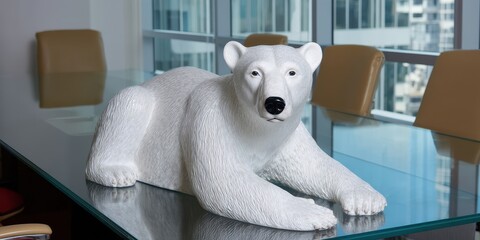 Textured Resin Polar Bear Sculpture Centered on Glass Table in Modern Corporate Boardroom