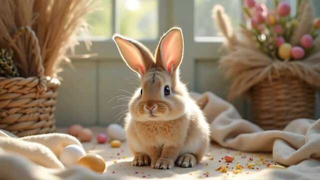 Adorable Easter bunny rabbit Oryctolagus cuniculus in spring setting with pastel eggs. Fluffy bunny sits among colorful Easter eggs and spring flowers.