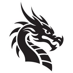 Black and white tribal dragon head illustration with sharp lines and intricate details, ideal for tattoos, fantasy art, and logos