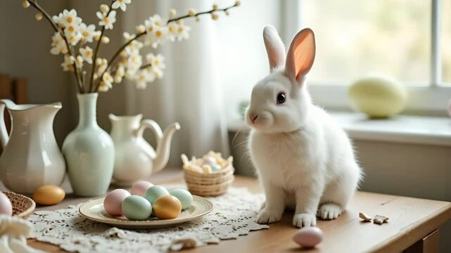 Adorable Easter bunny rabbit Oryctolagus cuniculus sits on wooden table near pastel eggs and spring branches. Easter bunny is symbol of spring and new life.