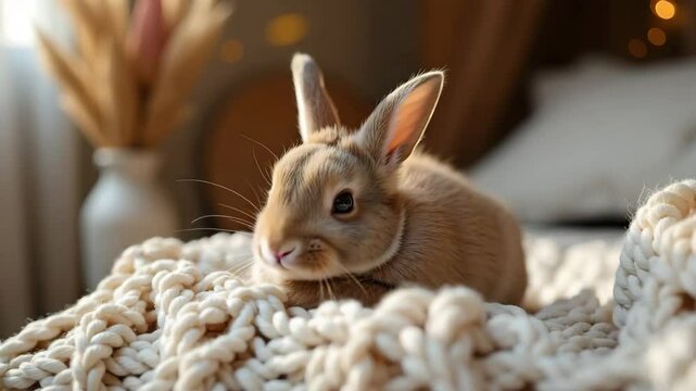 Adorable bunny rabbit resting on soft blanket. Fluffy bunny rabbit, Oryctolagus cuniculus, is perfect for pet photography. Sweet bunny rabbit image for websites and social media posts.