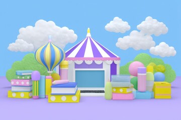 Whimsical Market Scene with Animated School Supplies and Circus Tent under Blue Sky